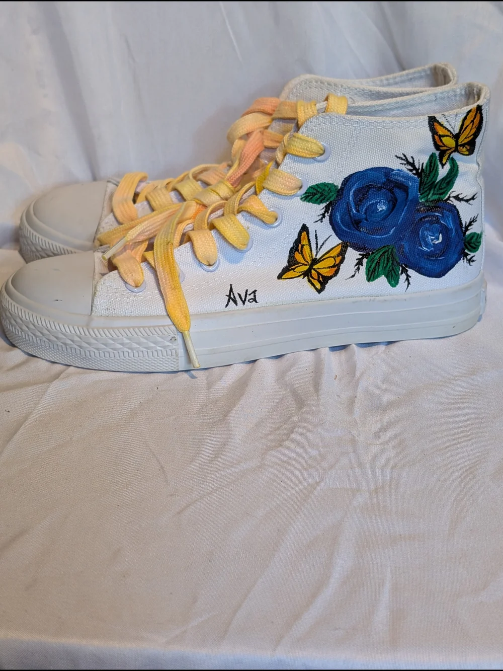 Hand Painted White Koko Art High-Tops with Blue Roses & Yellow Butterflies